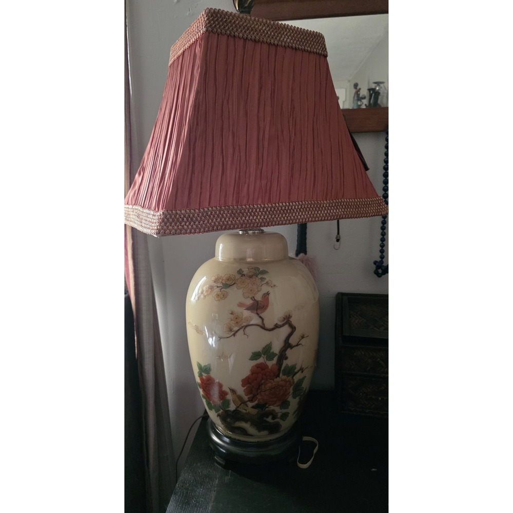 Vtg Asian Hand painted Glass Birds & Flowers Ginger Jar Table Lamp 30" - Picture 4 of 8